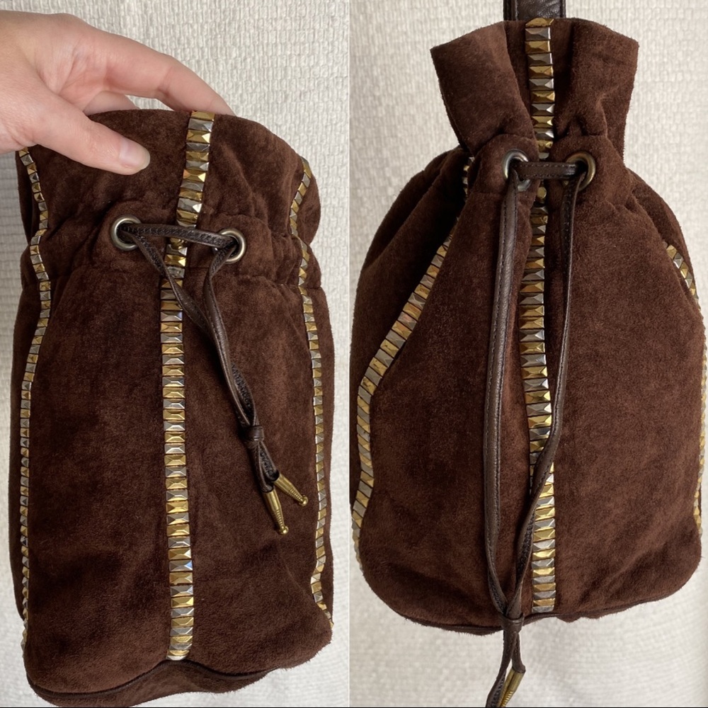 Vintage 70s Crossbody Suede Studs Bucket Bag Brown - Picture 3 of 8